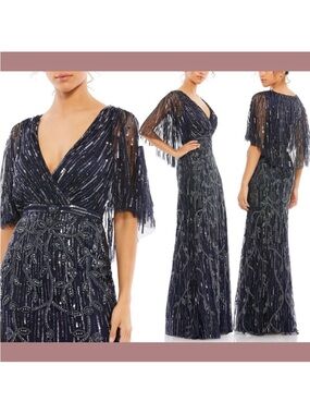 Mac Duggal Embellished‎ Cap Sleeve Faux Wrap Trumpet Gown Style 9064 Midnight 14